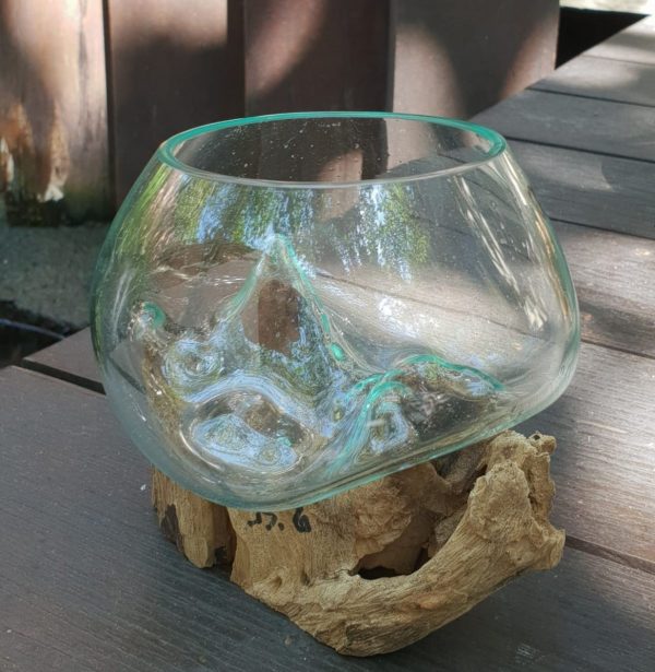 🔥 Handmade Molten Glass on Gamal Wood Vase – Natural Bali Art 🌿