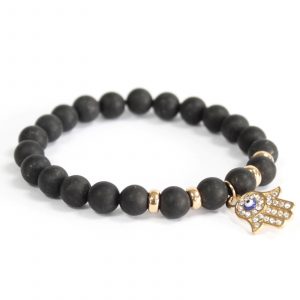 🖤 Agate Stretch Bracelet with Hamsa Charm – Boho Unisex Protection & Fortune Jewelry 🕊️