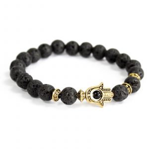 🌋 Gold Hamsa / Lava Stone Gemstone Bracelet – Unisex Boho Spiritual Jewelry ✨