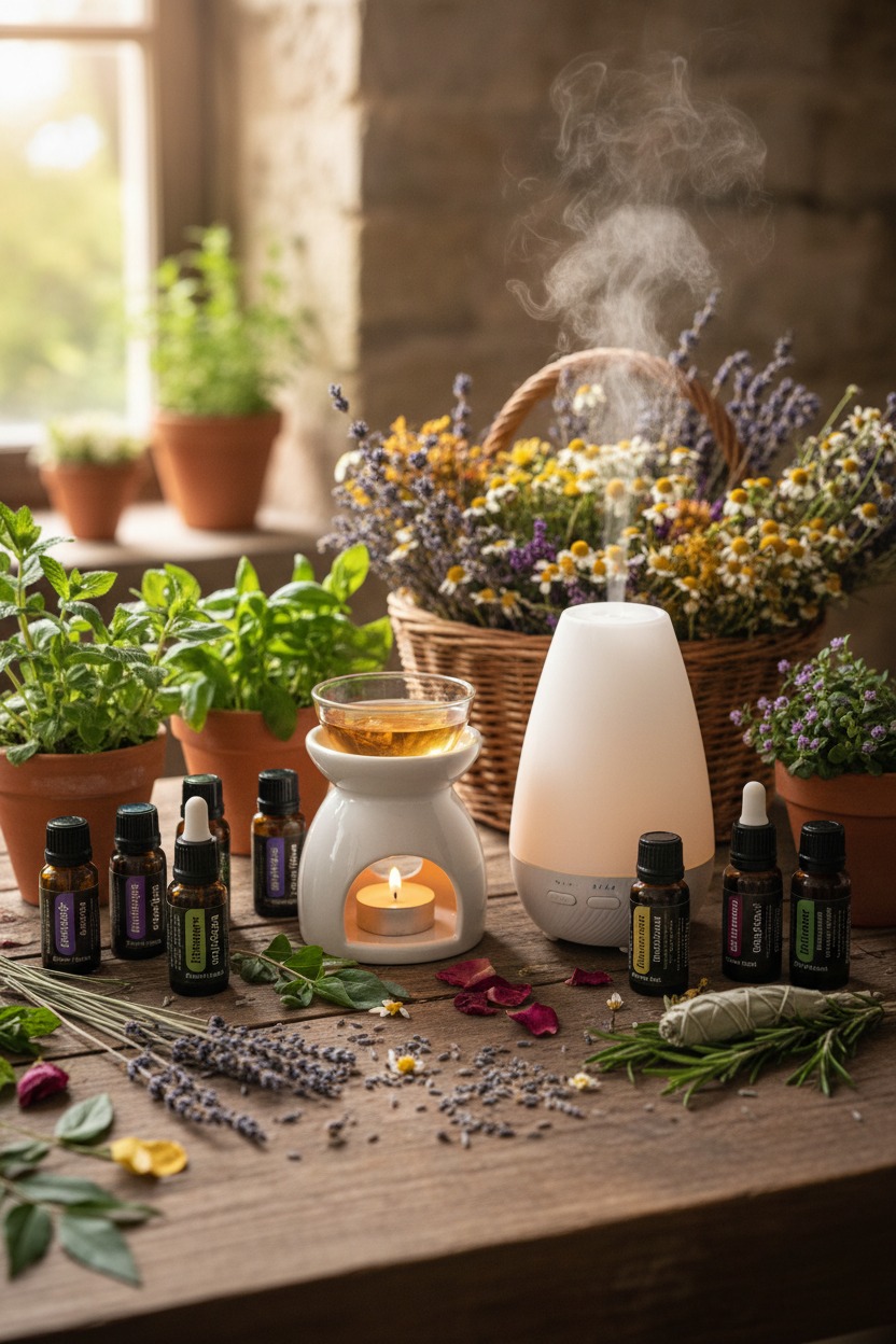 A white oil burner with a lit candle and an electric diffuser sit on a wooden table surrounded by essential oil bottles, potted herbs, and a basket of dried flowers.