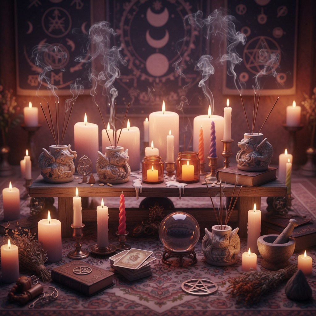 A wooden altar is covered with numerous lit candles, smoking incense in dragon-shaped holders, tarot cards, a crystal ball, and occult symbols.